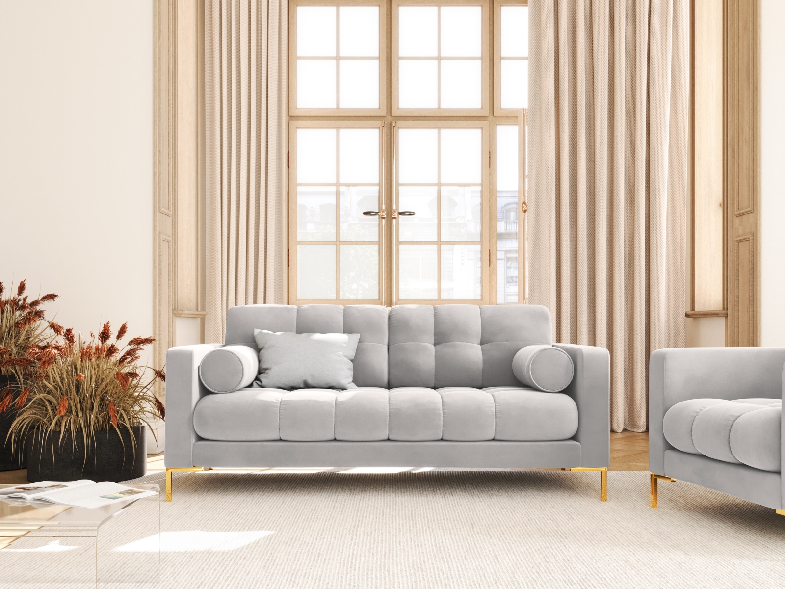 Cosmopolitan Design Sofa Bali 2-Sitzer Samt Bluvel Silber Beine Gold