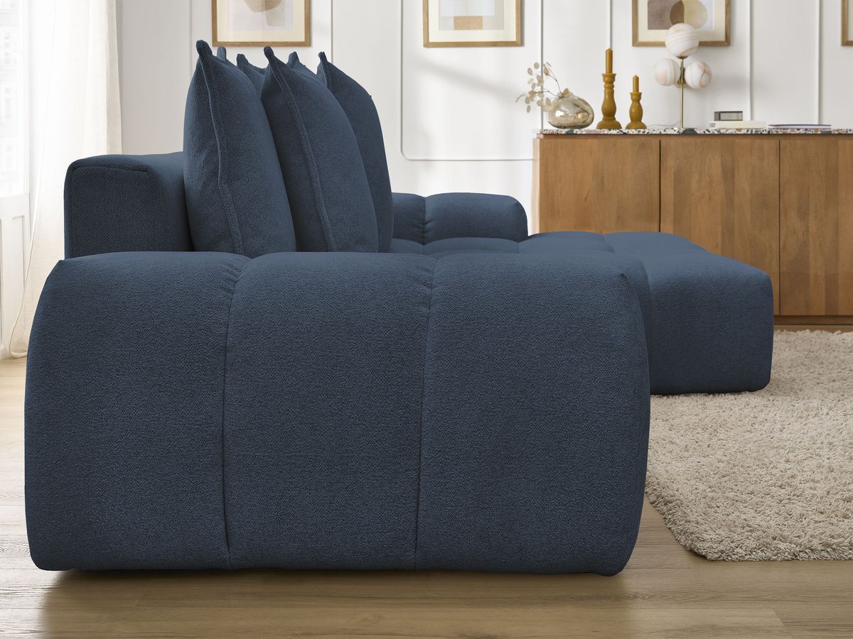 Bobochic Everest Ecksofa mit Schlaffunktion und Bettkasten 318 × 180 cm, 7 Kissen Melange-Stoff Dunkelblau Ecke rechts