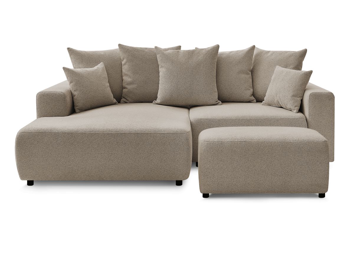 Bobochic Atilla Ecksofa mit Schlaffunktion und Bettkasten und Pouf Melange-Stoff Taupe Ecke links