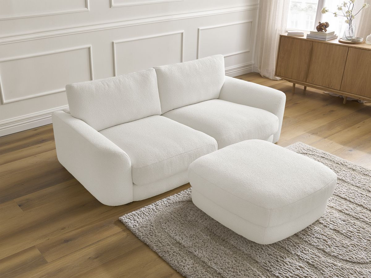 Bobochic Leonore Sofa 3-Sitzer mit Pouf Bouclé-Stoff Weiß