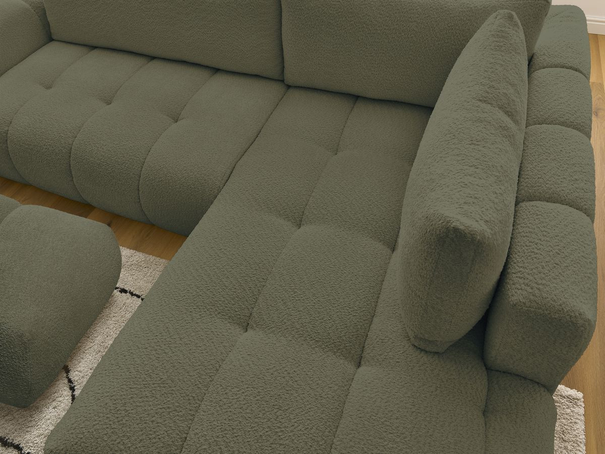 Bobochic Fuji Ecksofa mit Schlaffunktion und Bettkasten und Pouf 282 × 204 cm Bouclé-Stoff Grün Ecke rechts