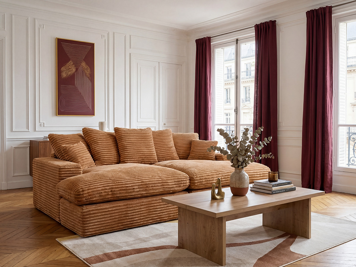 Bobochic Nevada Sofa 3-Sitzer 226 × 150 cm Breitcord weich Ockergelb