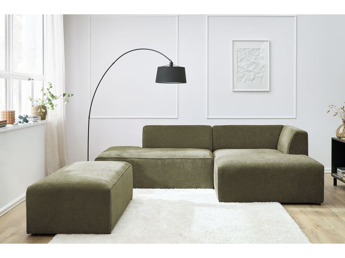 Bobochic Megeve Ecksofa mit Schlaffunktion und Pouf Strukturstoff Grün Ecke rechts