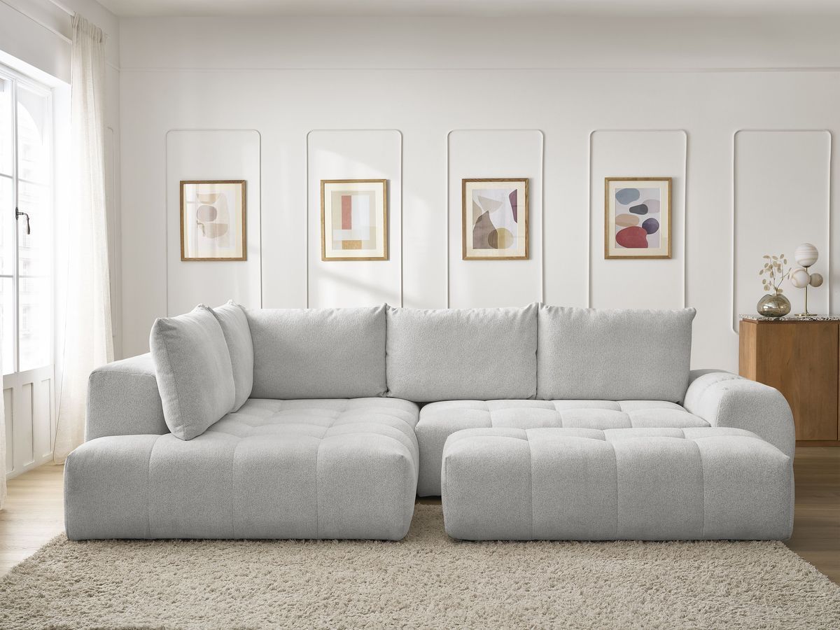 Bobochic Everest Ecksofa mit Schlaffunktion und Bettkasten und Pouf 320 × 212 cm, 5 Kissen Melange-Stoff Hellgrau Ecke links