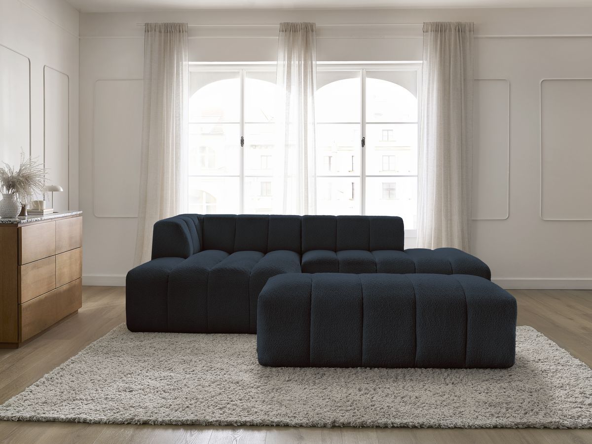 Bobochic Annecy Ecksofa mit Pouf Bouclé-Stoff Dunkelblau Ecke links