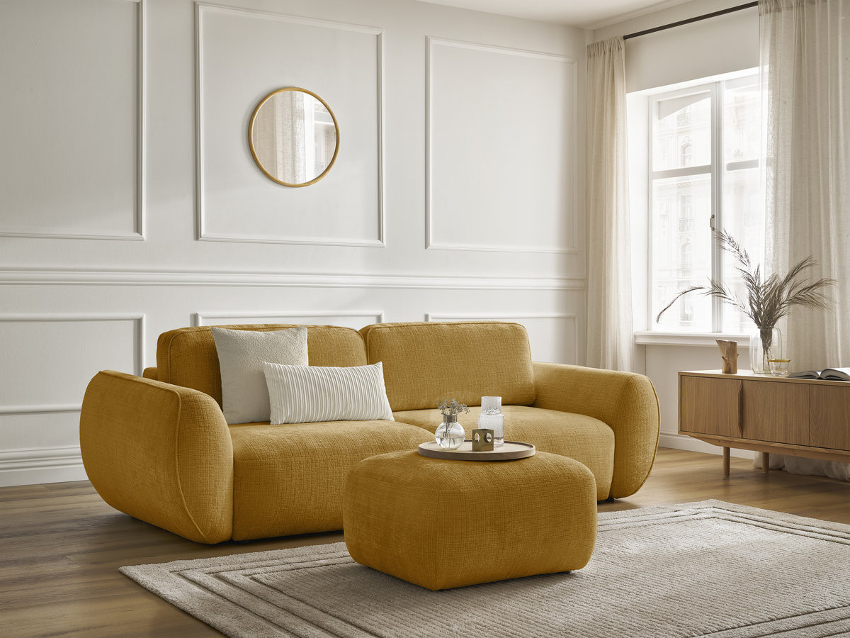 Bobochic Denise Schlafsofa 3-Sitzer mit Bettkasten und Pouf Strukturstoff Gelb