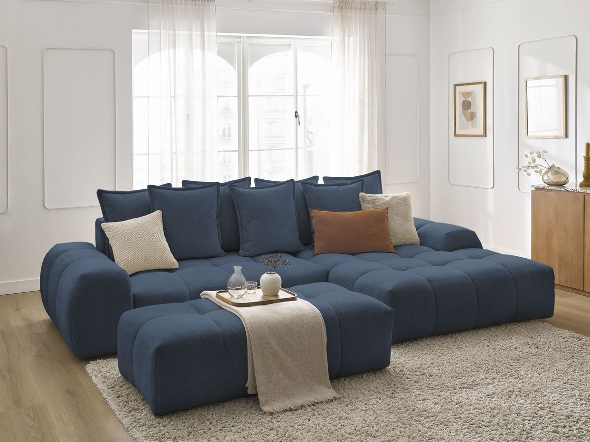 Bobochic Everest Ecksofa mit Schlaffunktion und Bettkasten und Pouf 318 × 180 cm, 7 Kissen Melange-Stoff Dunkelblau Ecke rechts