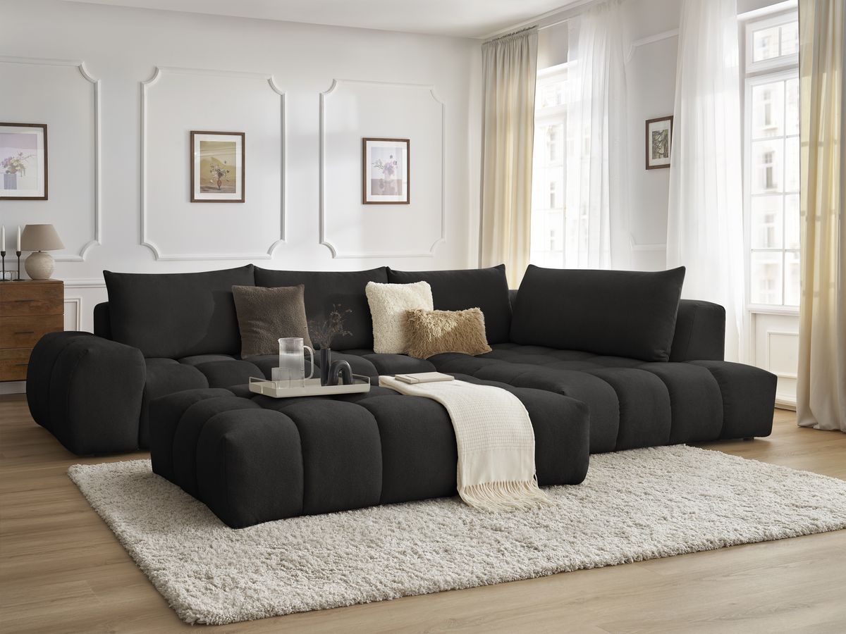 Bobochic Everest Ecksofa mit Schlaffunktion und Pouf, 4 Kissen Strukturstoff Schwarz Ecke rechts