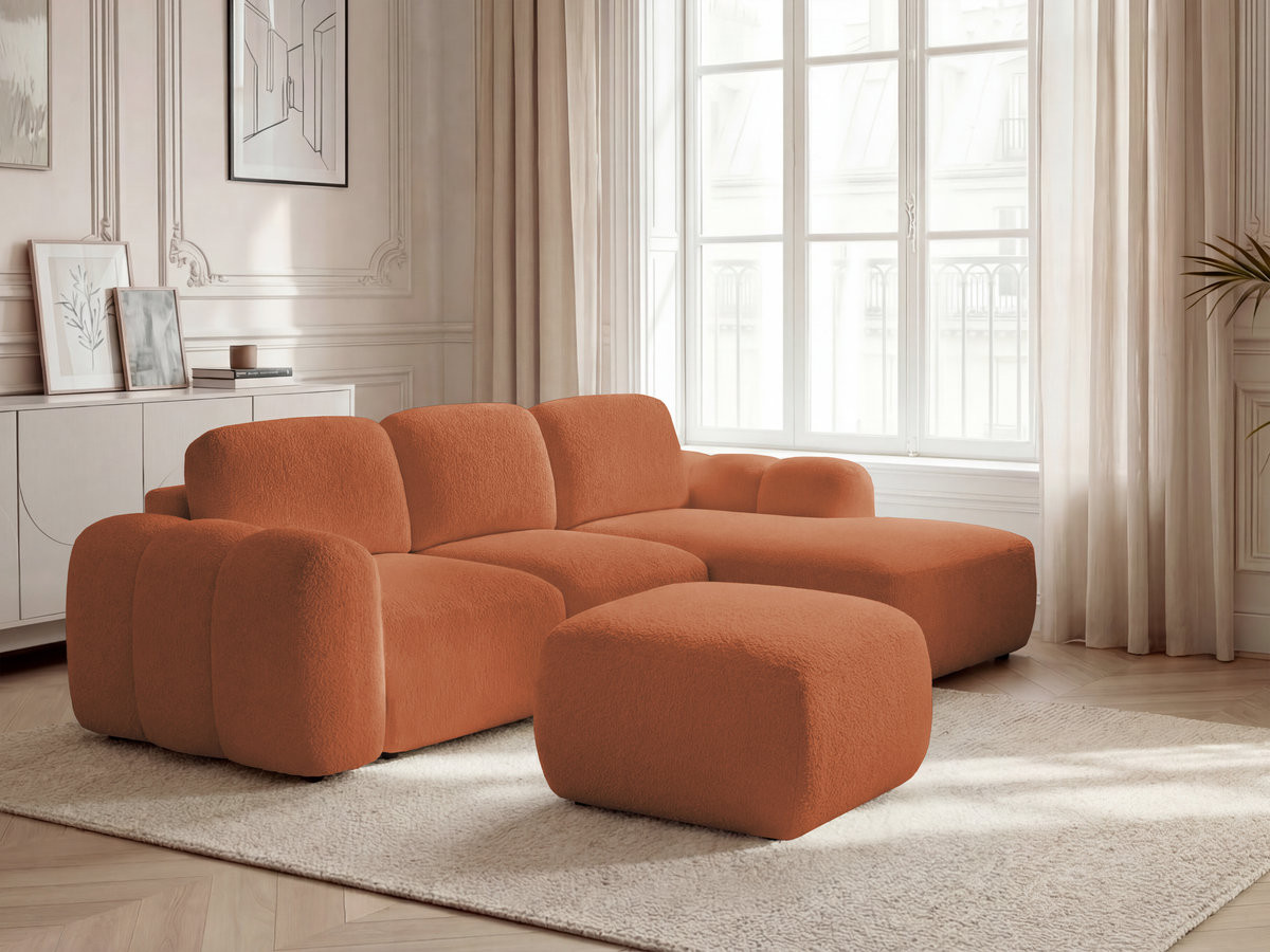 Bobochic Montaigne Ecksofa mit Schlaffunktion und Bettkasten und Pouf 276 × 164 cm Bouclé-Stoff Orange Ecke rechts