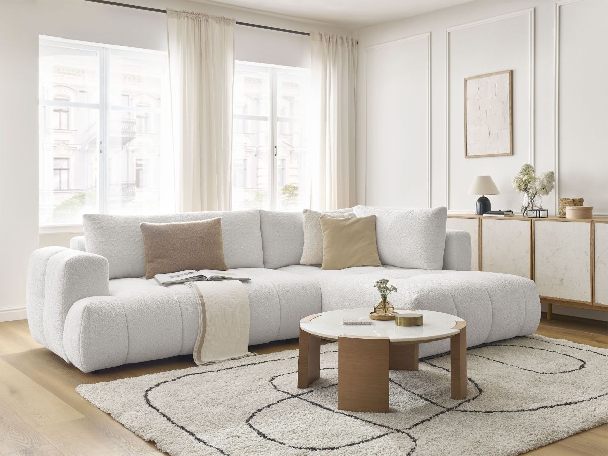 Bobochic Fuji Ecksofa mit Schlaffunktion und Bettkasten 282 × 204 cm Bouclé-Stoff Weiß Ecke rechts
