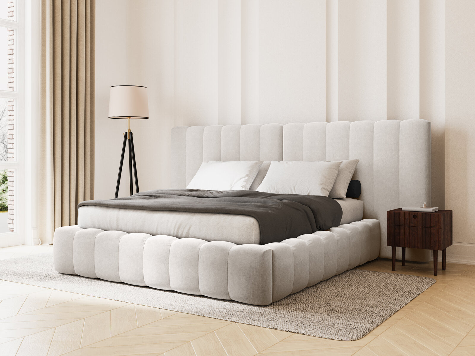 Micadoni Bett Kelp mit Doppelkopfteil Strukturierter Stoff Moly Grau Beige Melange