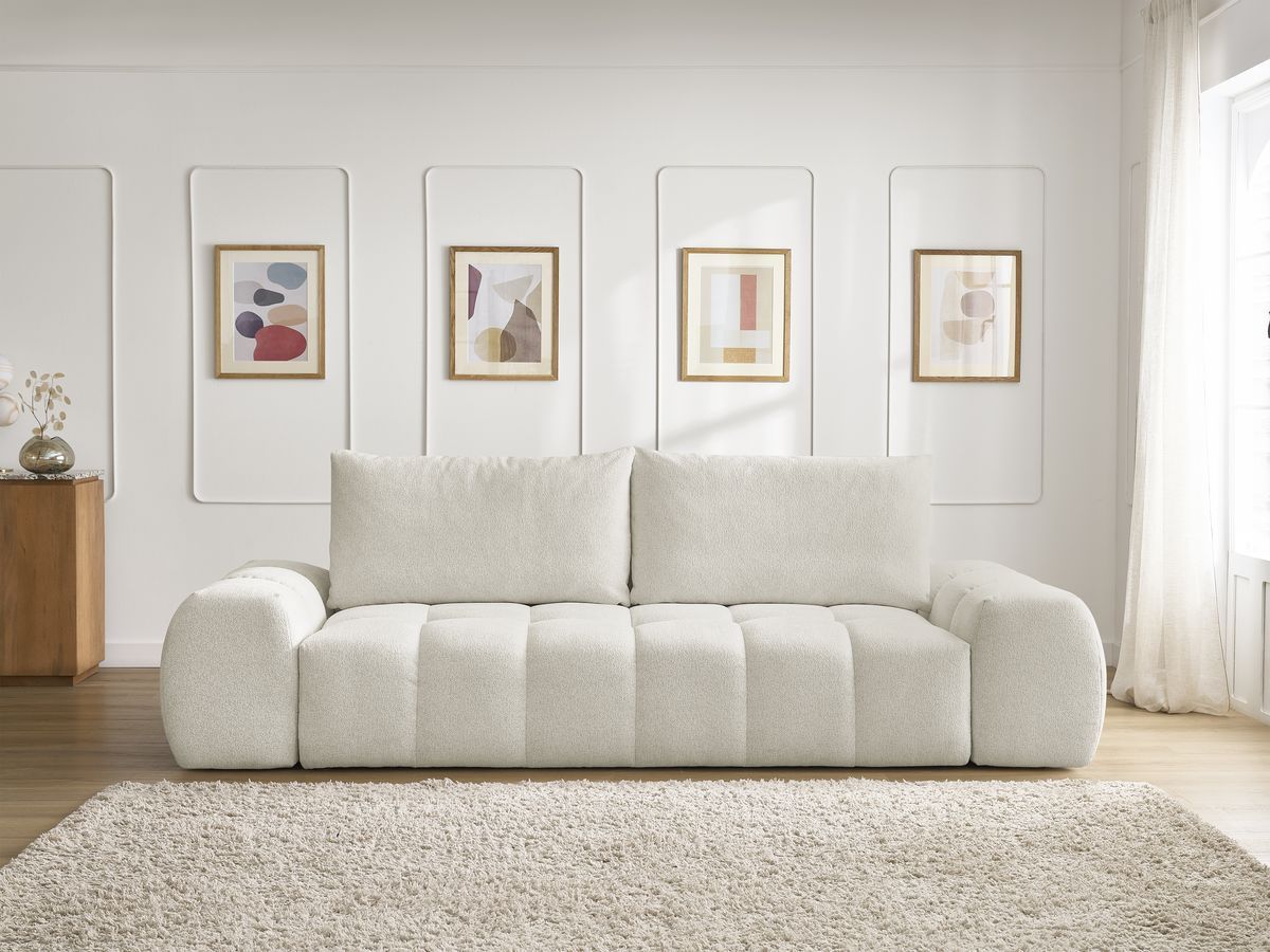 Bobochic Everest Schlafsofa 3-Sitzer mit Bettkasten, 2 Kissen Melange-Stoff Weiß