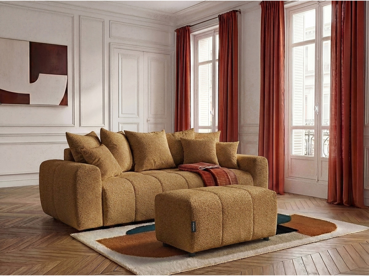 Bobochic Roxelane Schlafsofa 3-Sitzer mit Bettkasten und Pouf Bouclé-Stoff Gelb