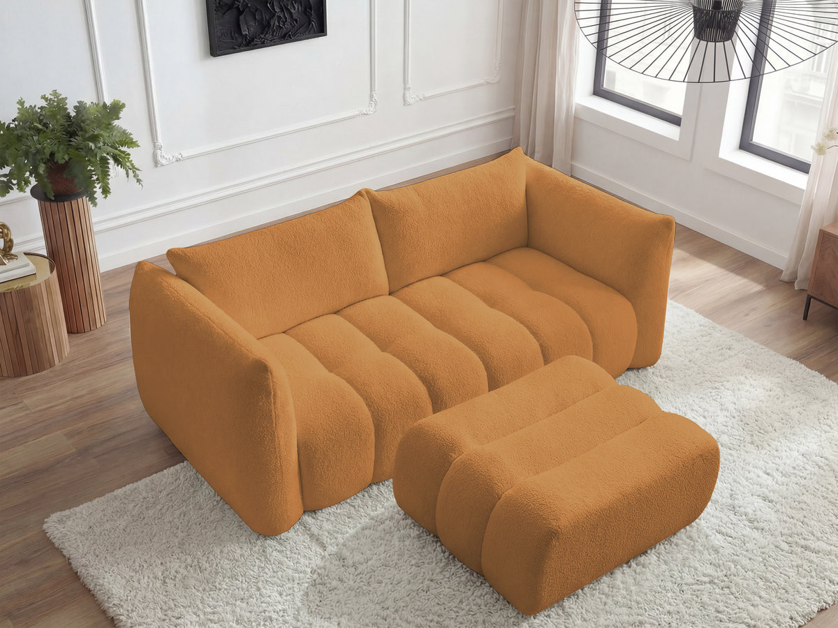 Bobochic Azra Sofa 3-Sitzer mit Pouf Bouclé-Stoff Gelb