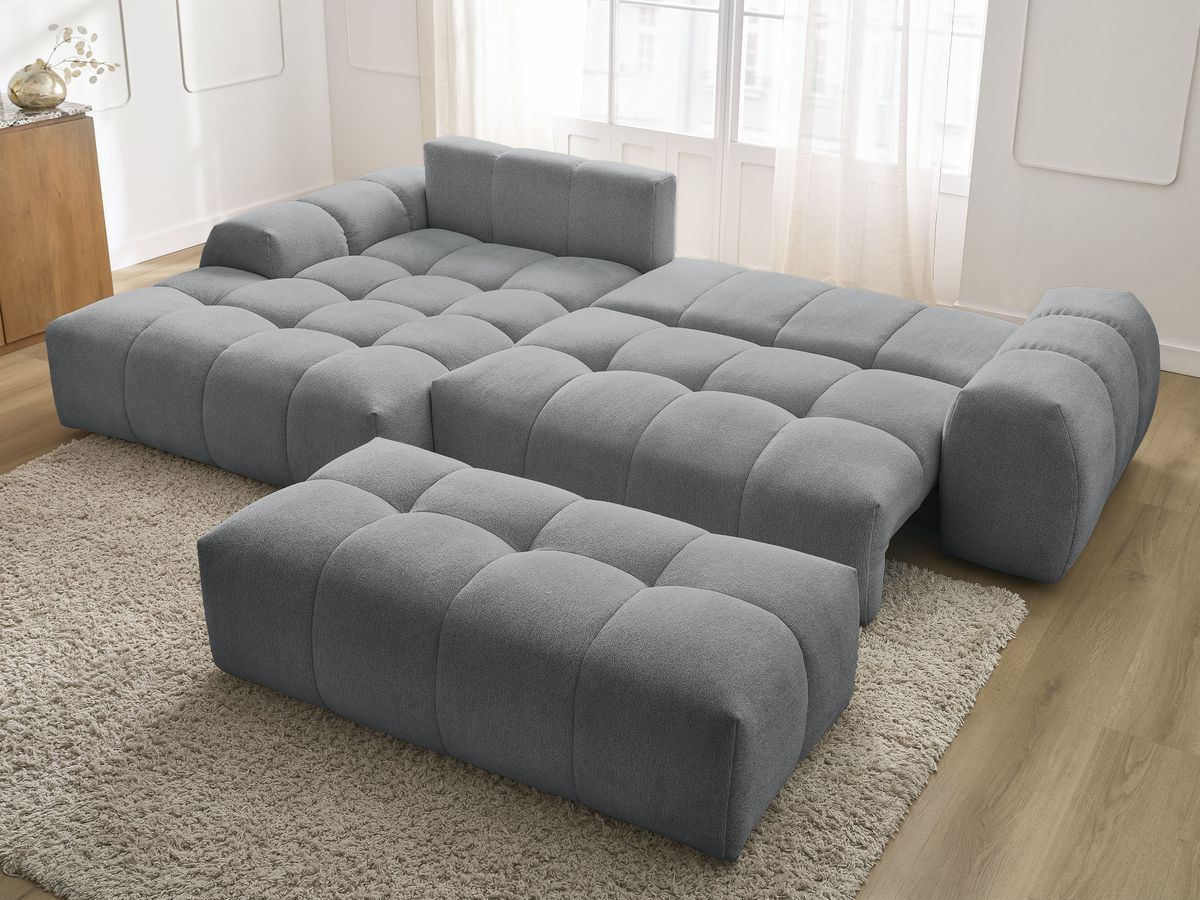 Bobochic Everest Ecksofa mit Schlaffunktion und Bettkasten und Pouf 318 × 180 cm, 3 Kissen Melange-Stoff Dunkelgrau Ecke links
