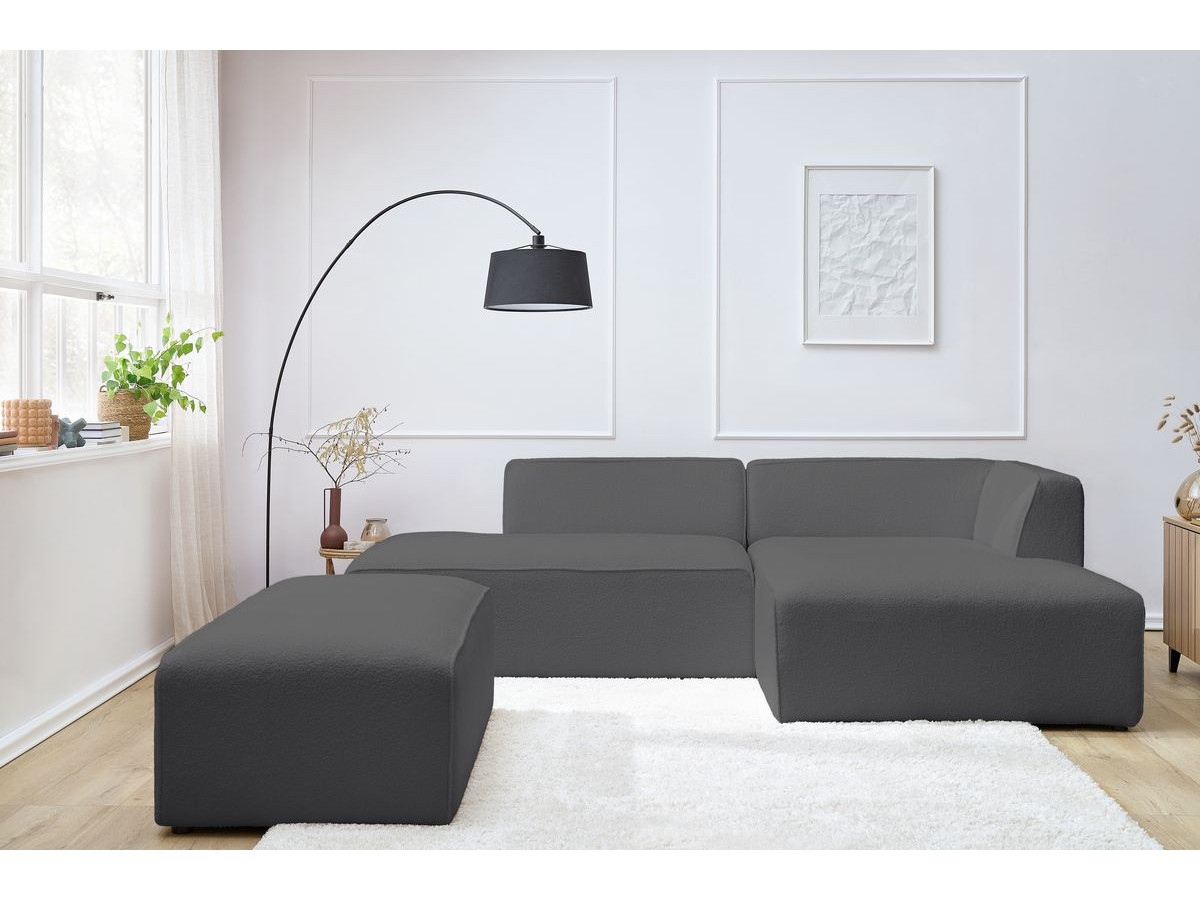 Bobochic Megeve Ecksofa mit Schlaffunktion und Pouf Bouclé-Stoff Dunkelgrau Ecke rechts