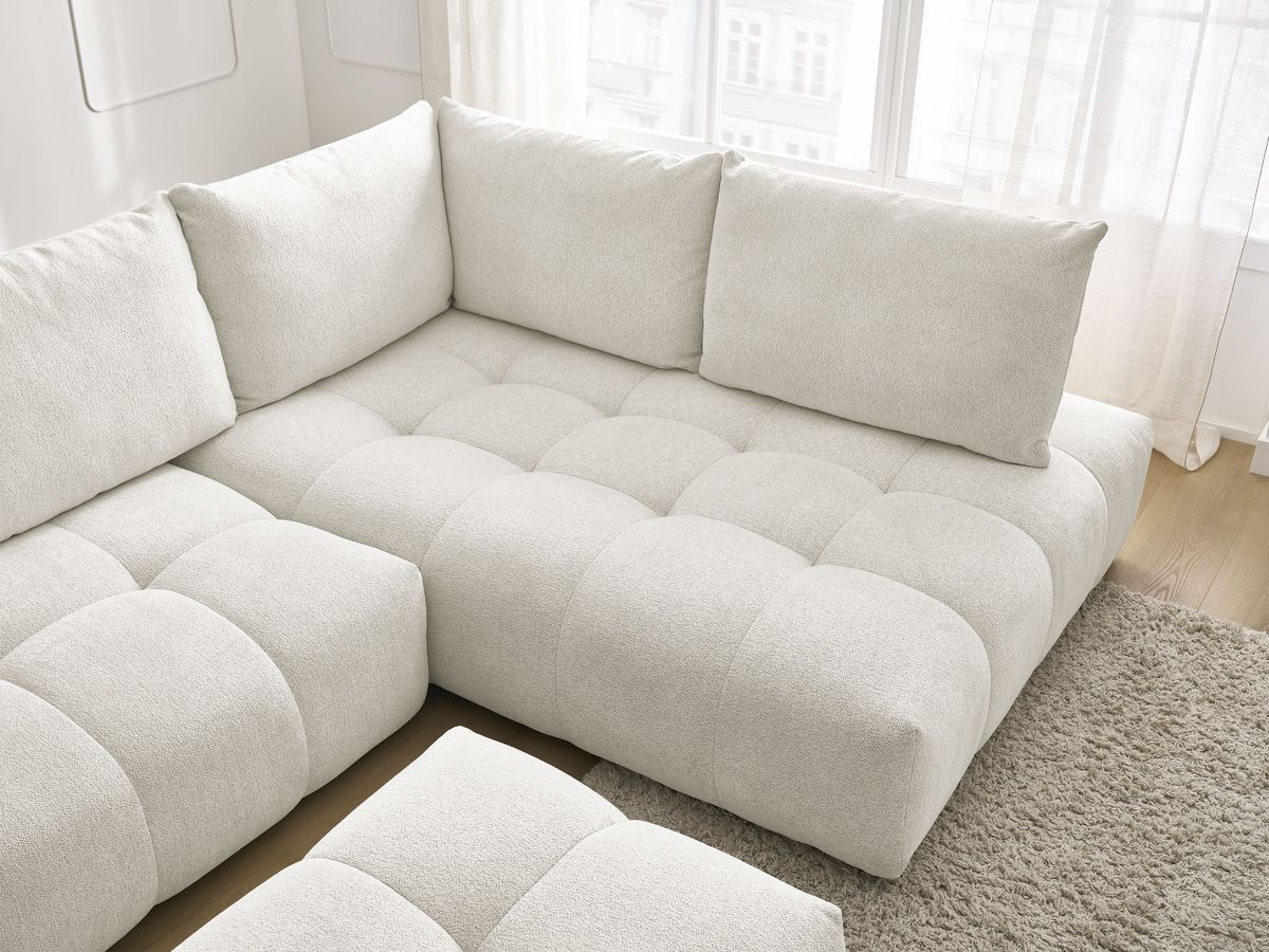 Bobochic Everest Ecksofa mit Schlaffunktion und Bettkasten und Pouf 320 × 212 cm, 5 Kissen Melange-Stoff Weiß Ecke rechts