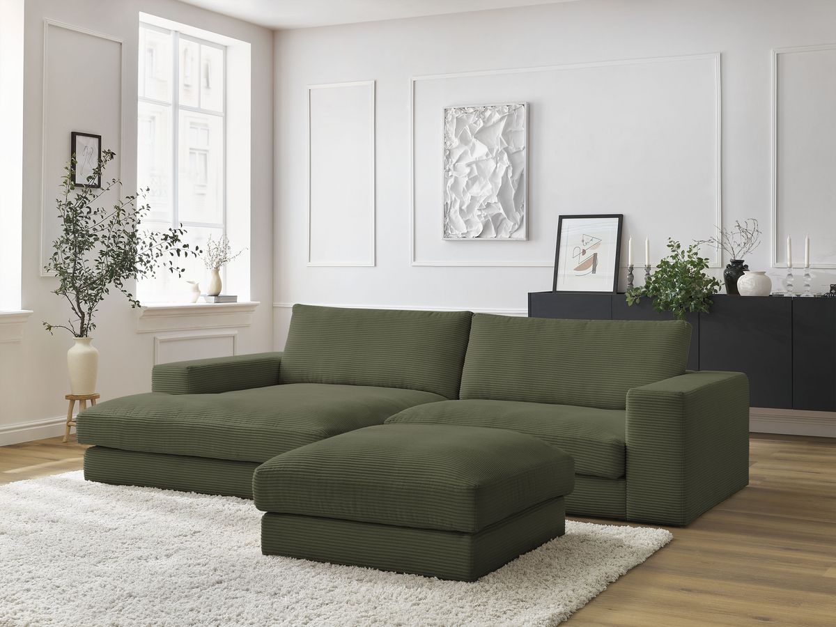 Bobochic Leonard Ecksofa mit Pouf 274 × 159 cm Cordsamt Hellgrün Ecke links