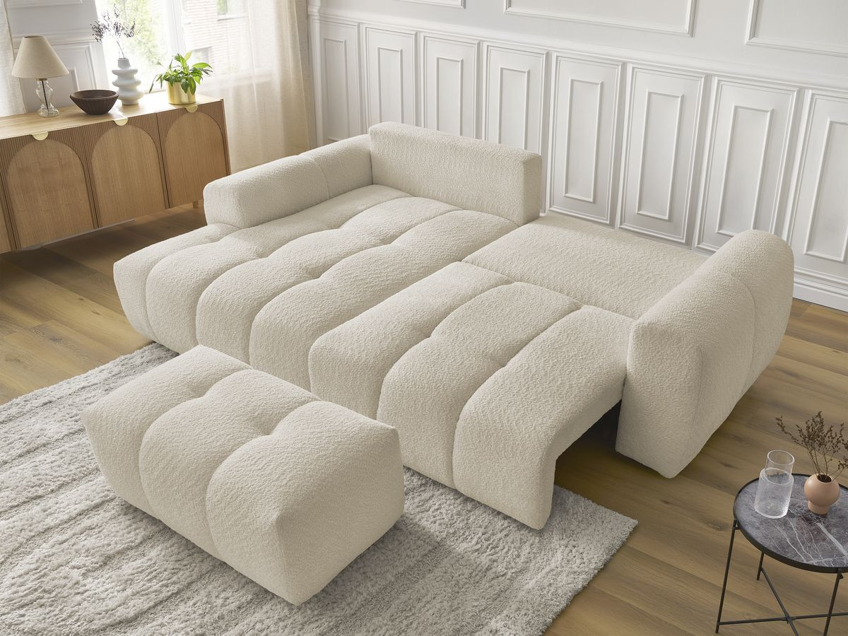 Bobochic Roxelane Ecksofa mit Schlaffunktion und Bettkasten und Pouf 258 × 150 cm Bouclé-Stoff Beige Ecke links