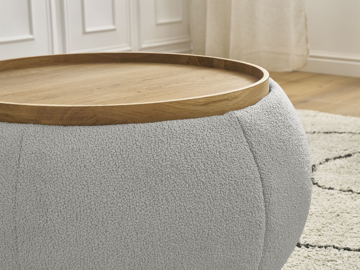 Bobochic Hayden Pouf mit Tablett, rund Bouclé-Stoff Hellgrau, 77 cm