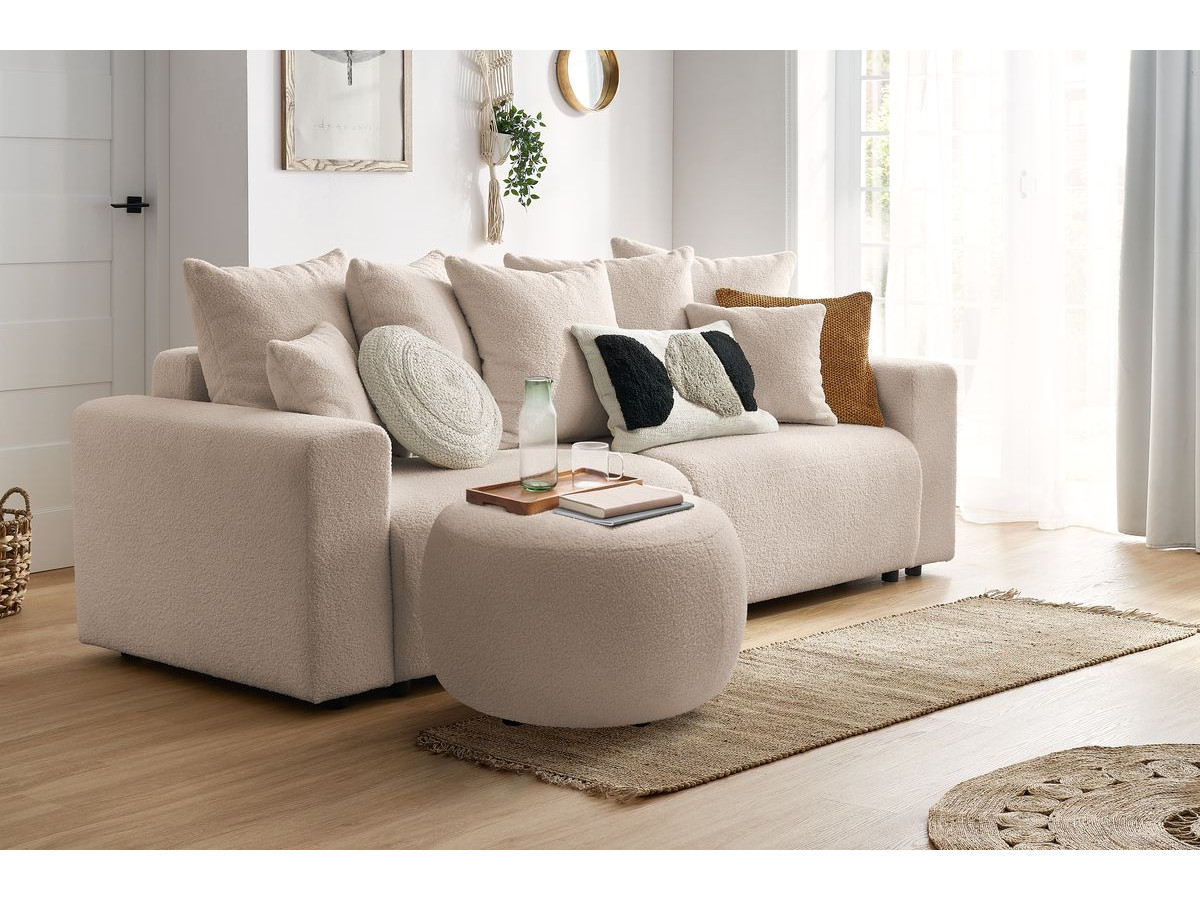 Bobochic Envy Pouf, rund Bouclé-Stoff Beige