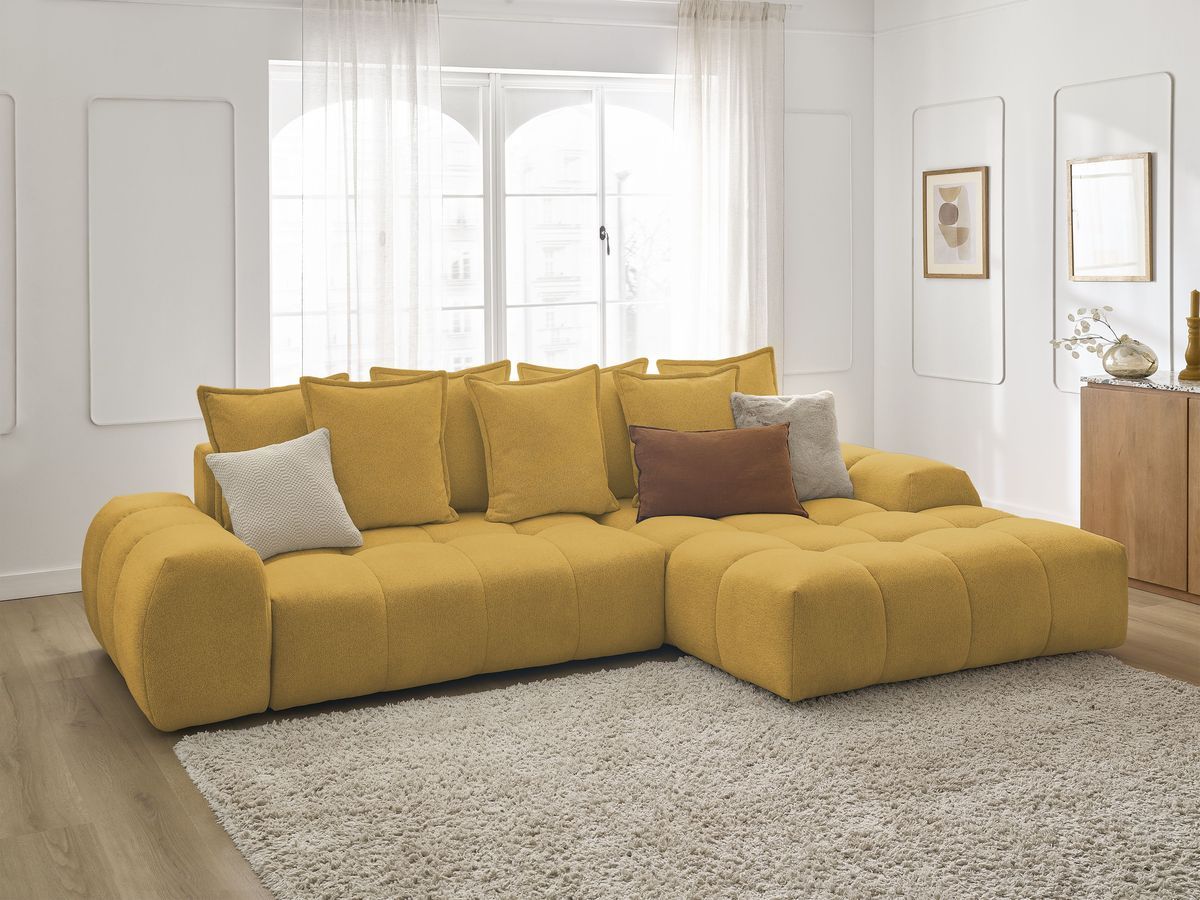 Bobochic Everest Ecksofa mit Schlaffunktion und Bettkasten 318 × 180 cm, 7 Kissen Melange-Stoff Gelb Ecke rechts