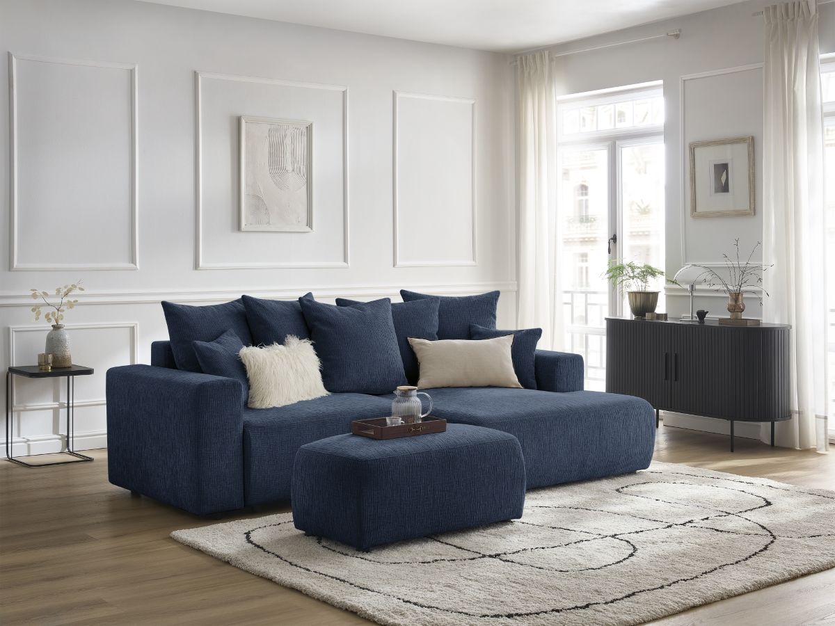 Bobochic Atilla Ecksofa mit Schlaffunktion und Bettkasten und Pouf Strukturstoff Dunkelblau Ecke rechts
