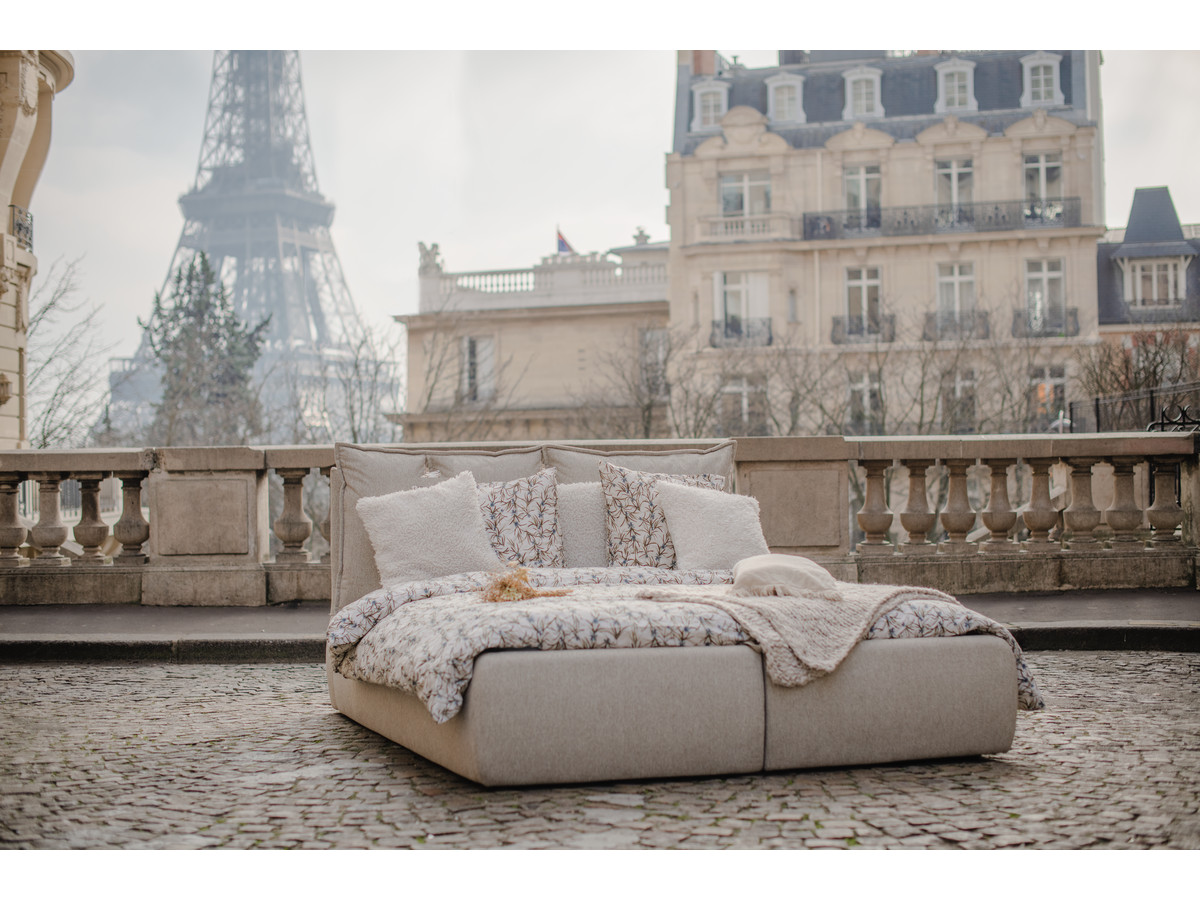 Bobochic Garance Polsterbett mit Bettkasten Stoff Beige, Liegefläche 140 × 190 cm