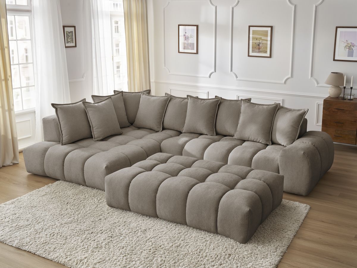 Bobochic Everest Ecksofa mit Schlaffunktion und Pouf, 10 Kissen Strukturstoff Taupe Ecke links
