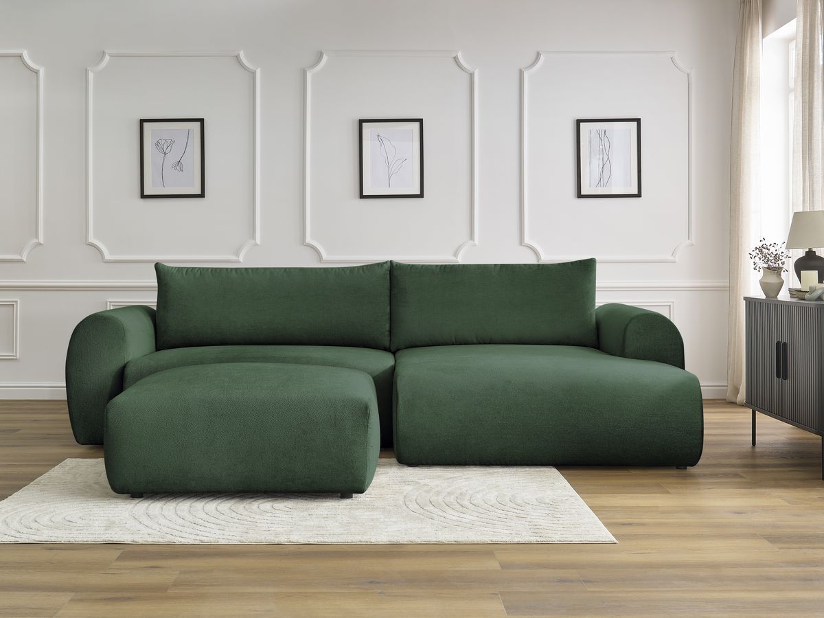 Bobochic Lucien Ecksofa mit Schlaffunktion und Bettkasten und Pouf 314 × 167 cm Stoff Grün Ecke rechts