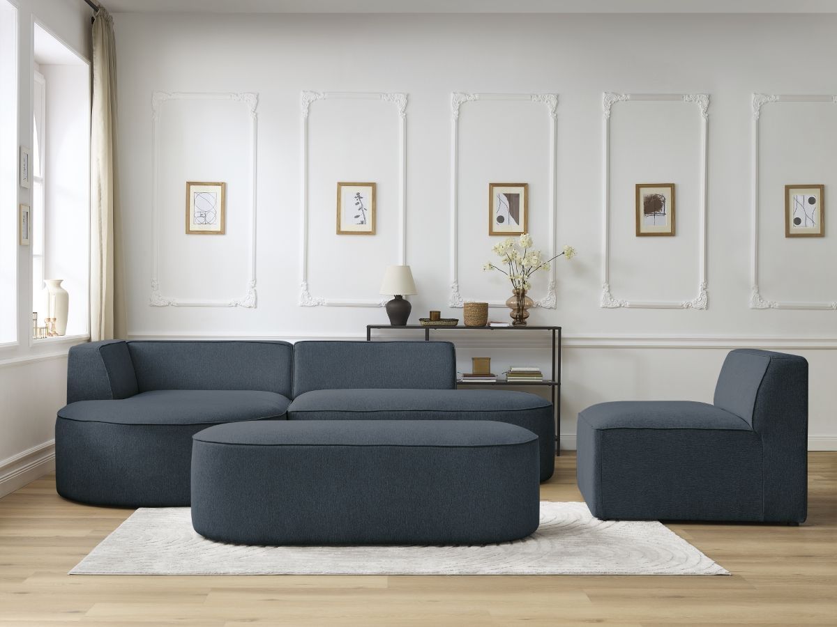 Bobochic Rousseau Ecksofa mit Sofamodul und Pouf Melange-Stoff Dunkelblau Ecke links