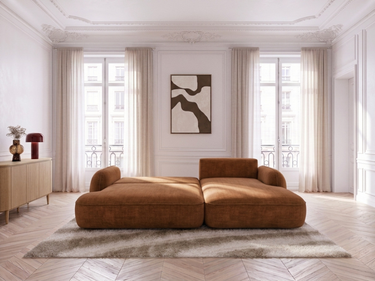 Bobochic Celeste Ecksofa mit Schlaffunktion und Bettkasten Stoff Orange Ecke rechts