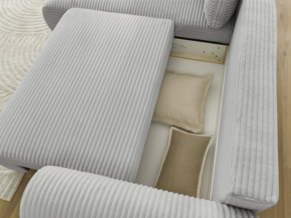 Bobochic Lucien Ecksofa mit Schlaffunktion und Bettkasten 296 × 198 cm Breitcord weich Hellgrau Ecke links