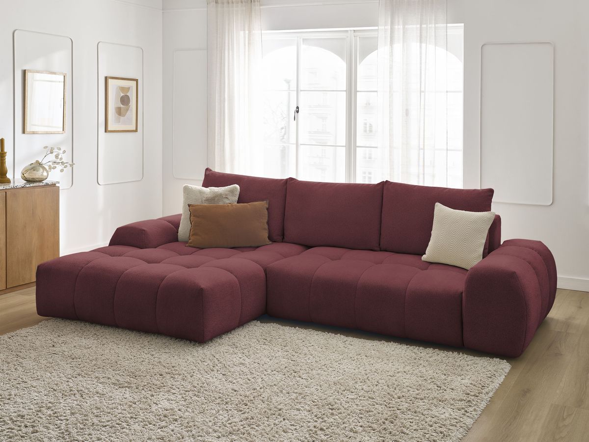 Bobochic Everest Ecksofa mit Schlaffunktion und Bettkasten 318 × 180 cm, 3 Kissen Melange-Stoff Rot Ecke links