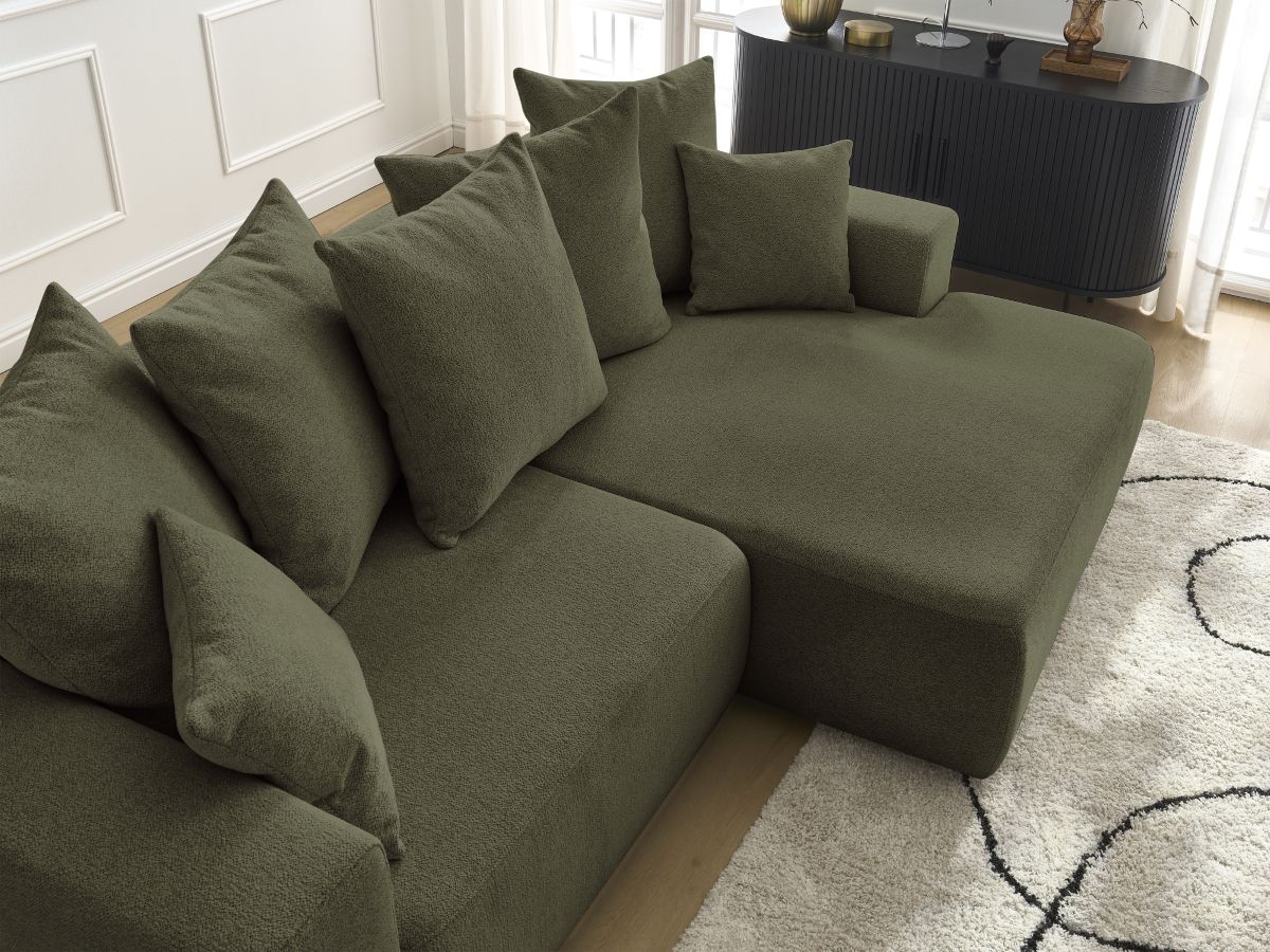 Bobochic Atilla Ecksofa mit Schlaffunktion und Bettkasten Melange-Stoff Grün Ecke rechts