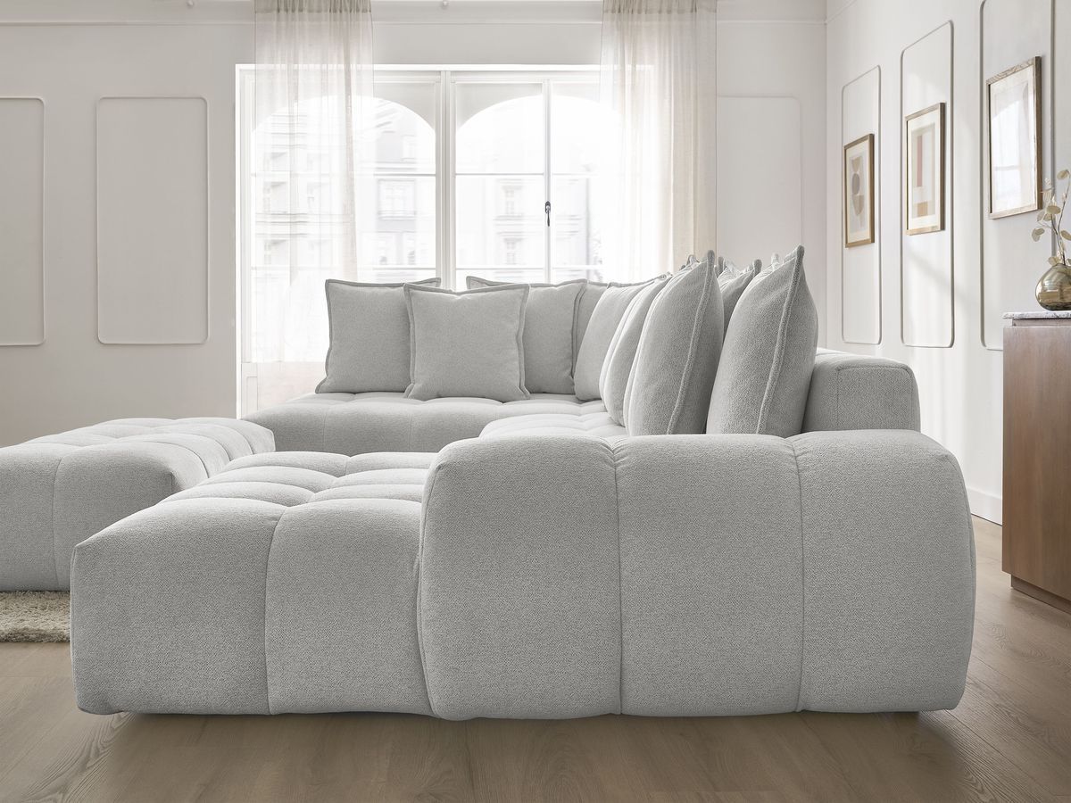 Bobochic Everest Wohnlandschaft mit Pouf, 14 Kissen Melange-Stoff Hellgrau Ecke rechts