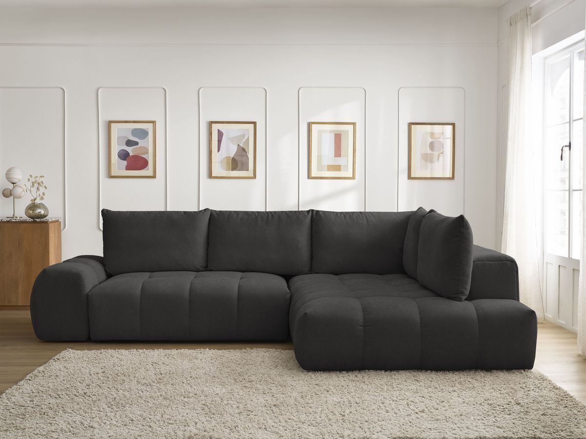 Bobochic Everest Ecksofa mit Schlaffunktion und Bettkasten 320 × 212 cm, 5 Kissen Strukturstoff Schwarz Ecke rechts
