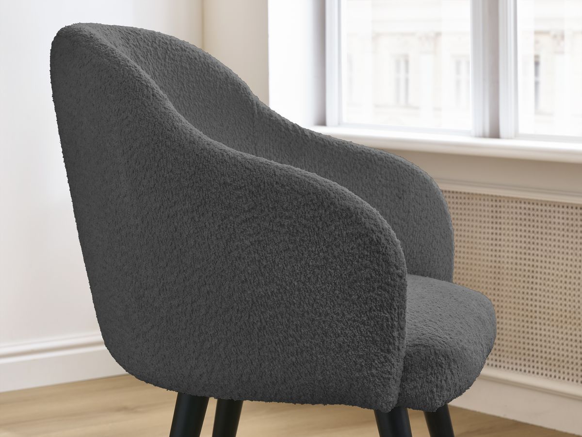 Bobochic Sophie Esszimmerstuhl mit skandinavischen Beinen, schwarz Bouclé-Stoff Dunkelgrau