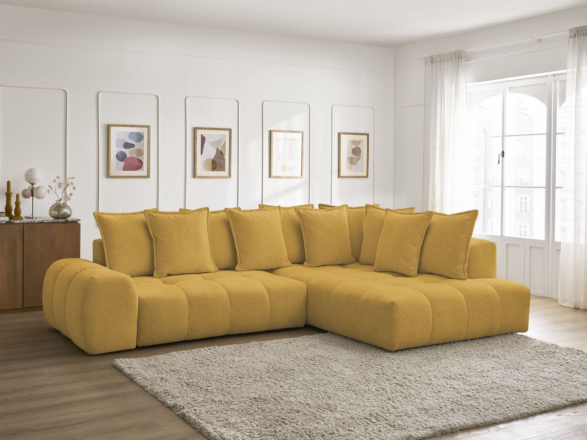 Bobochic Everest Ecksofa mit Schlaffunktion und Bettkasten 320 × 212 cm, 10 Kissen Melange-Stoff Gelb Ecke rechts
