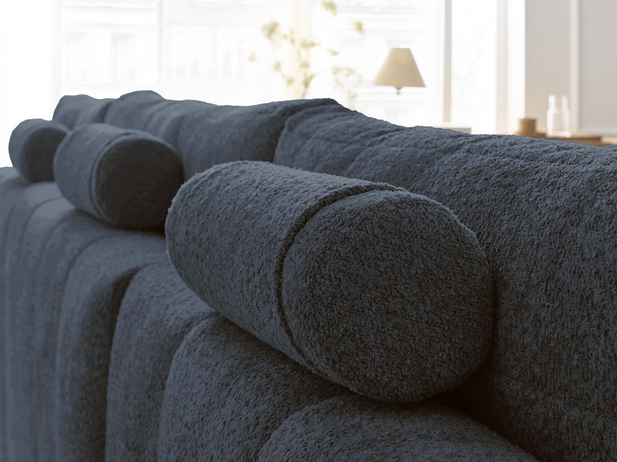 Bobochic Anakin Wohnlandschaft mit Pouf, Liegefläche 137 × 382 cm, 3 Kissen Bouclé-Stoff Dunkelblau