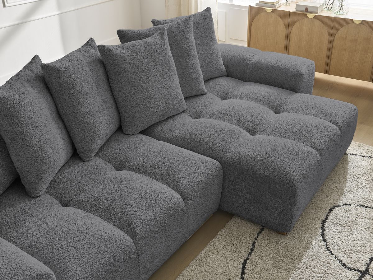 Bobochic Anakin Ecksofa, 6 Kissen Bouclé-Stoff Dunkelgrau