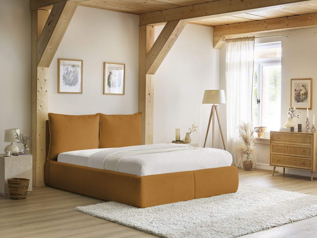 Bobochic Garance Polsterbett mit Bettkasten Bouclé-Stoff Gelb, Liegefläche 140 × 190 cm