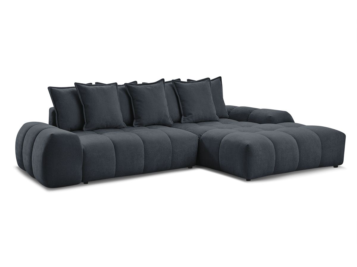 Bobochic Everest Ecksofa mit Schlaffunktion und Bettkasten 318 × 180 cm, 7 Kissen Strukturstoff Dunkelblau Ecke rechts