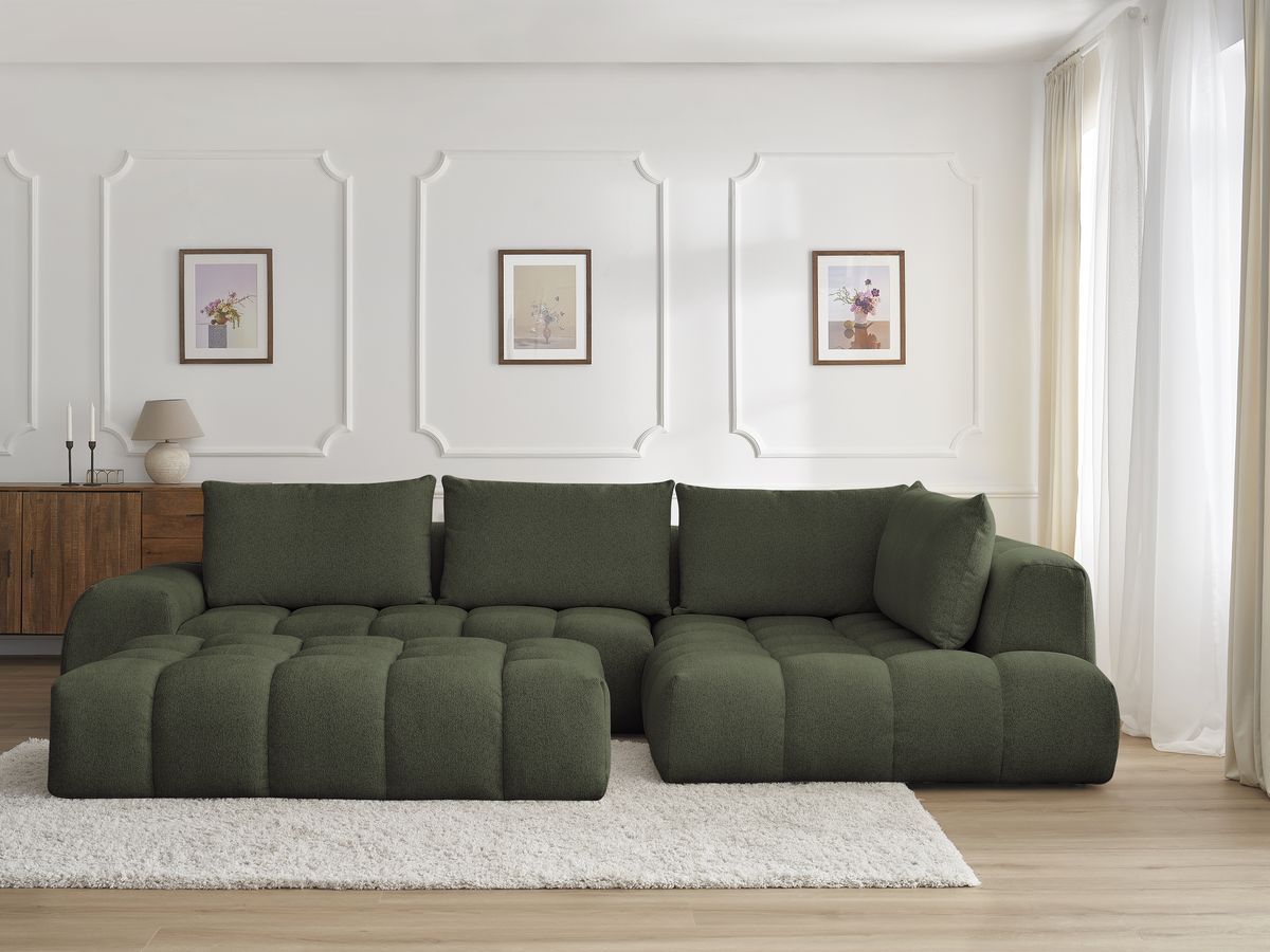 Bobochic Everest Ecksofa mit Schlaffunktion und Pouf, 4 Kissen Melange-Stoff Grün Ecke rechts