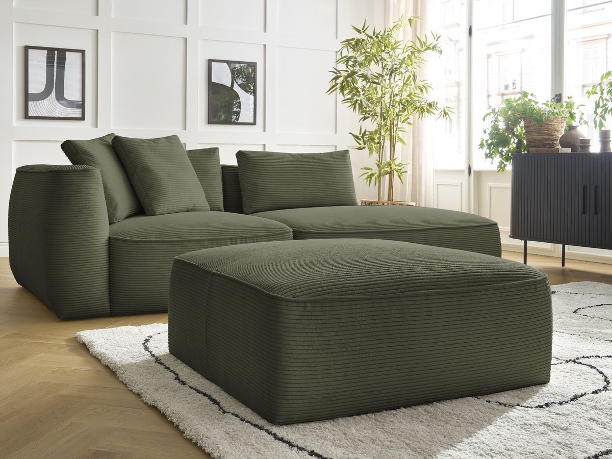 Bobochic Leopold Sofa 4-Sitzer mit Pouf Cordsamt Hellgrün Armlehne links