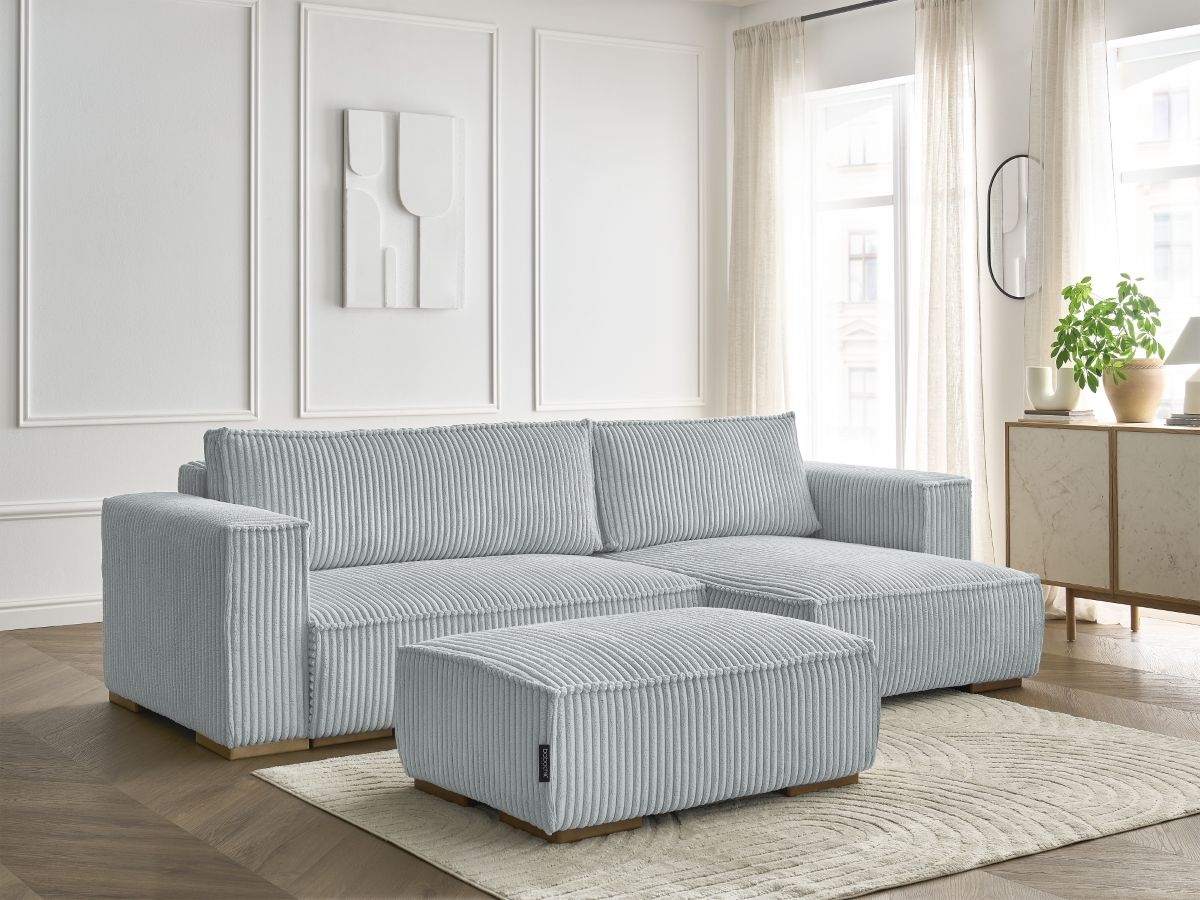 Bobochic Chelsea Ecksofa mit Schlaffunktion und Bettkasten und Pouf Breitcord weich Hellgrau