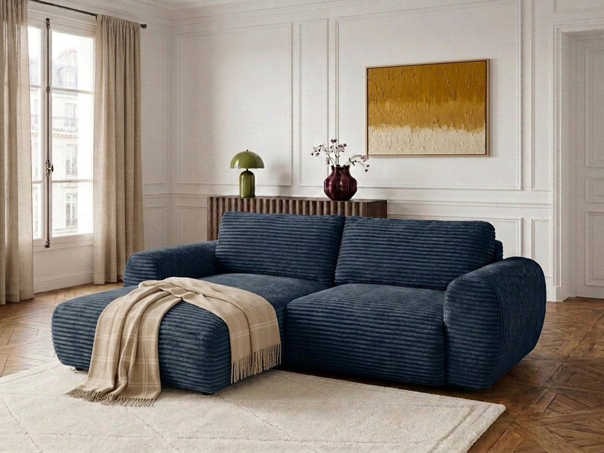 Bobochic Lucien Ecksofa mit Schlaffunktion und Bettkasten Breitcord weich Dunkelblau Ecke links