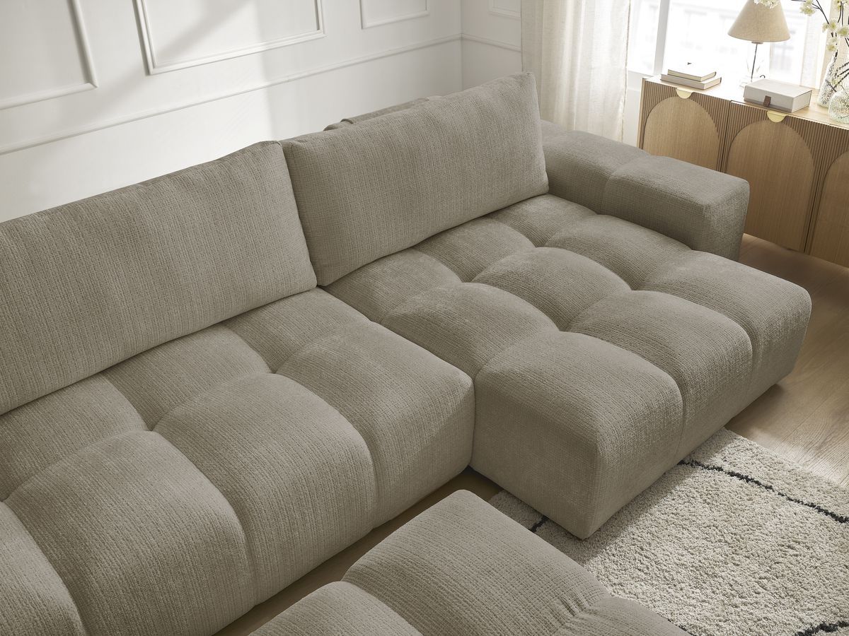 Bobochic Anakin Wohnlandschaft mit Pouf, Liegefläche 137 × 382 cm, 3 Kissen Strukturstoff Taupe
