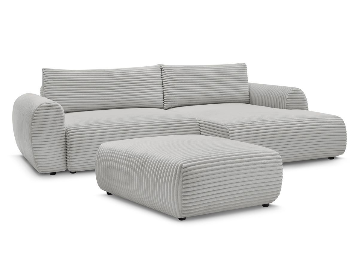Bobochic Lucien Ecksofa mit Schlaffunktion und Bettkasten und Pouf 314 × 167 cm Breitcord weich Hellgrau Ecke rechts