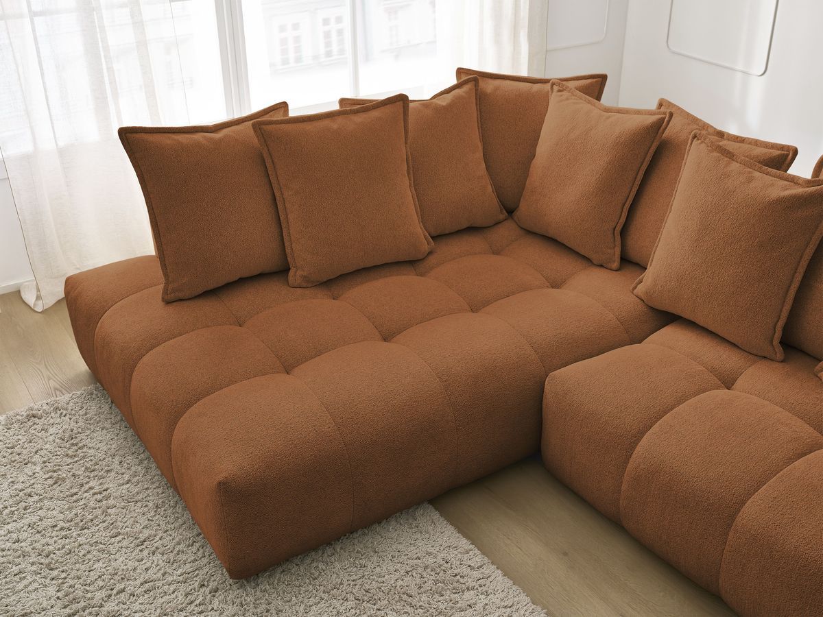 Bobochic Everest Ecksofa mit Schlaffunktion und Bettkasten 320 × 212 cm, 10 Kissen Melange-Stoff Orange Ecke links